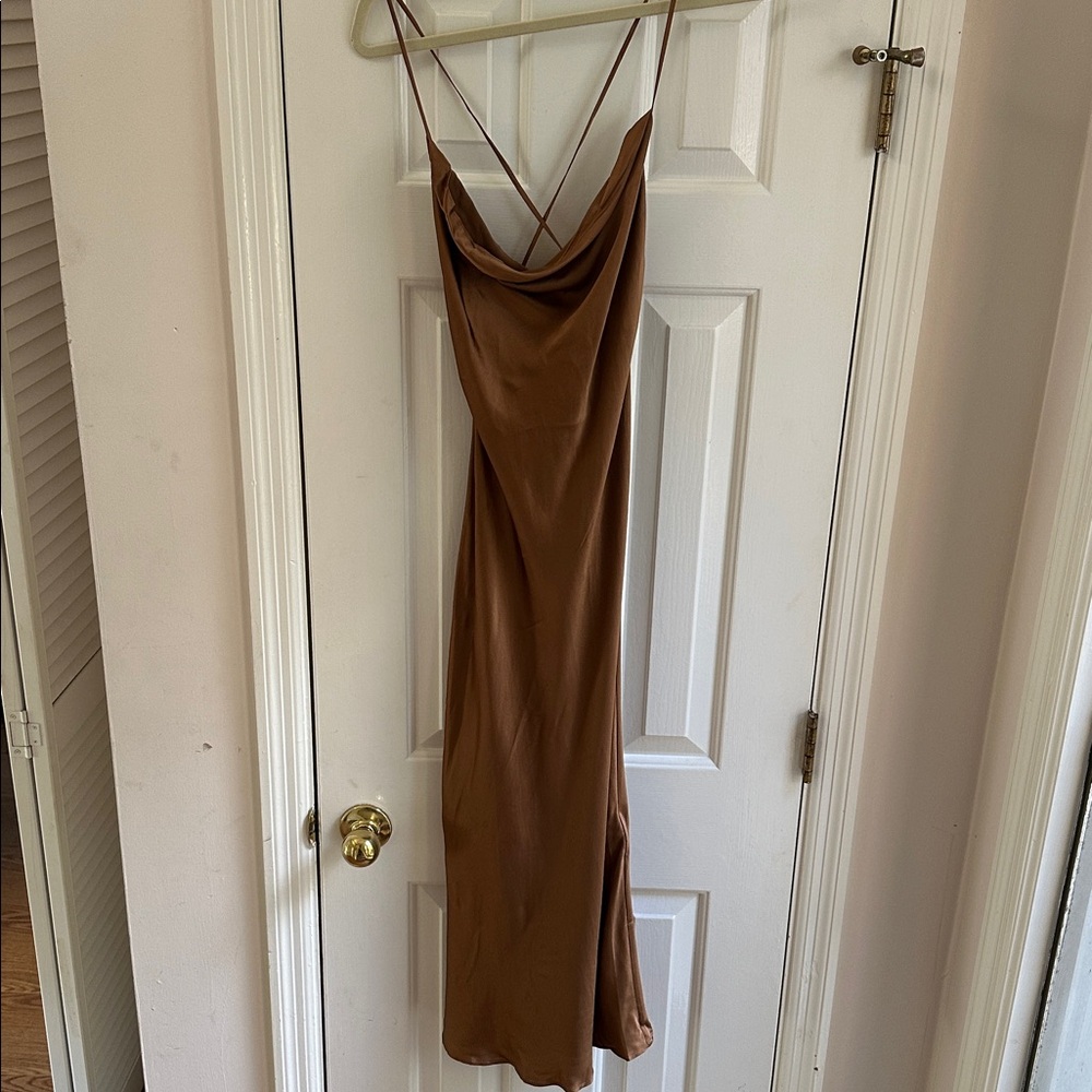 NWT Silk Satin Slip Midi Dress (Brown/Copper) - Gentle Herd